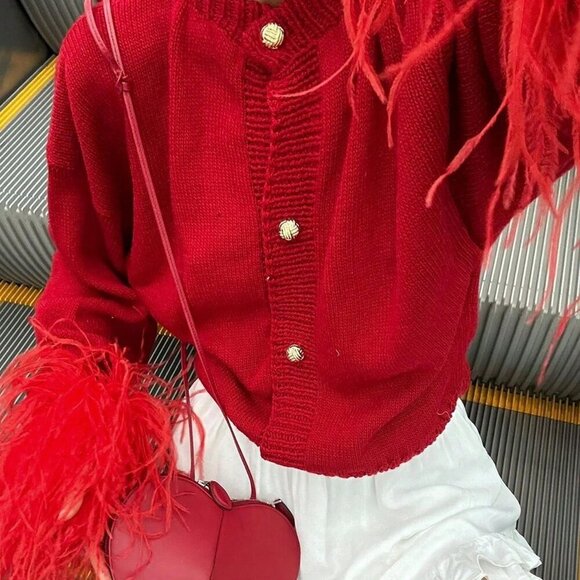 Red Casual Women's Furry Cuffs Metal Button knit sweater cardigan - Picture 2 of 7